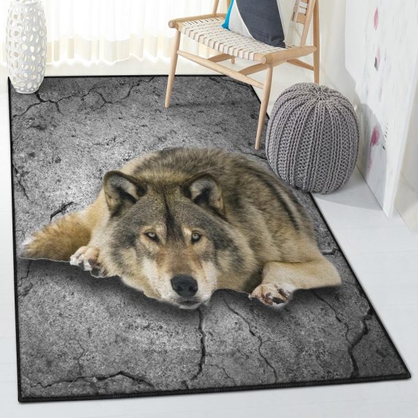 Gray Wolf Dining Room Rug Wolf Rug Rectangle Rugs Washable Area Rug Non-Slip Carpet For Living Room Bedroom