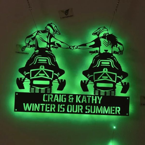 Custom Couple Snowmobile Metal Wall Art With Led Lights, Snowmobile Me - Image 2