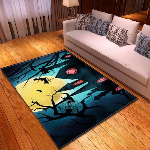 Halloween Spooky Bats And Creepy Spider On Mid Night Rectangle Rug Decor Area Rugs For Living Room Bedroom Kitchen Rugs Home Carpet Flooring Rs015329 Print